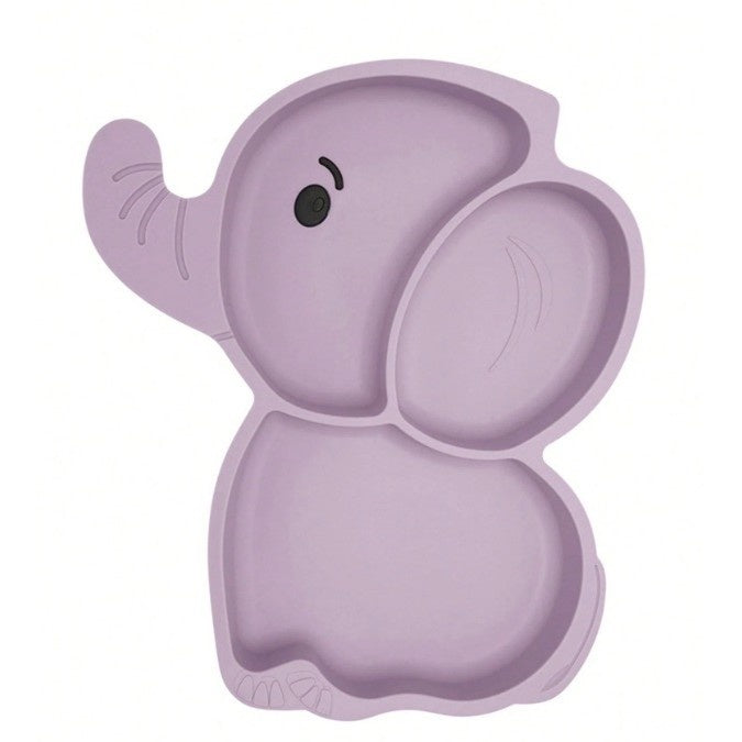 Set 10 Piese Servire Masa. pentru Bebelusi si Copii, din Silicon/Lemn, cu Ventuze Anti-alunecare, fara Alergeni. +6 Luni, Model Elefant, Mov