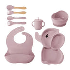 Set 10 Piese Servire Masa. pentru Bebelusi si Copii, din Silicon/Lemn, cu Ventuze Anti-alunecare, fara Alergeni. +6 Luni, Model Elefant, Mov