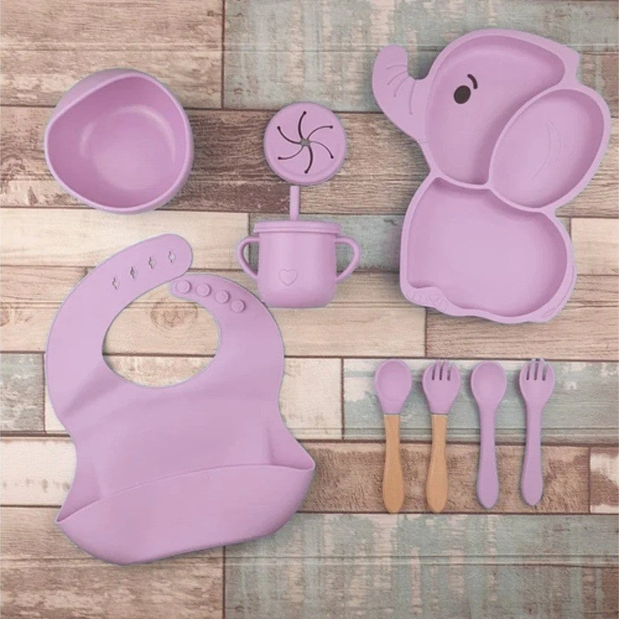 Set 10 Piese Servire Masa. pentru Bebelusi si Copii, din Silicon/Lemn, cu Ventuze Anti-alunecare, fara Alergeni. +6 Luni, Model Elefant, Mov