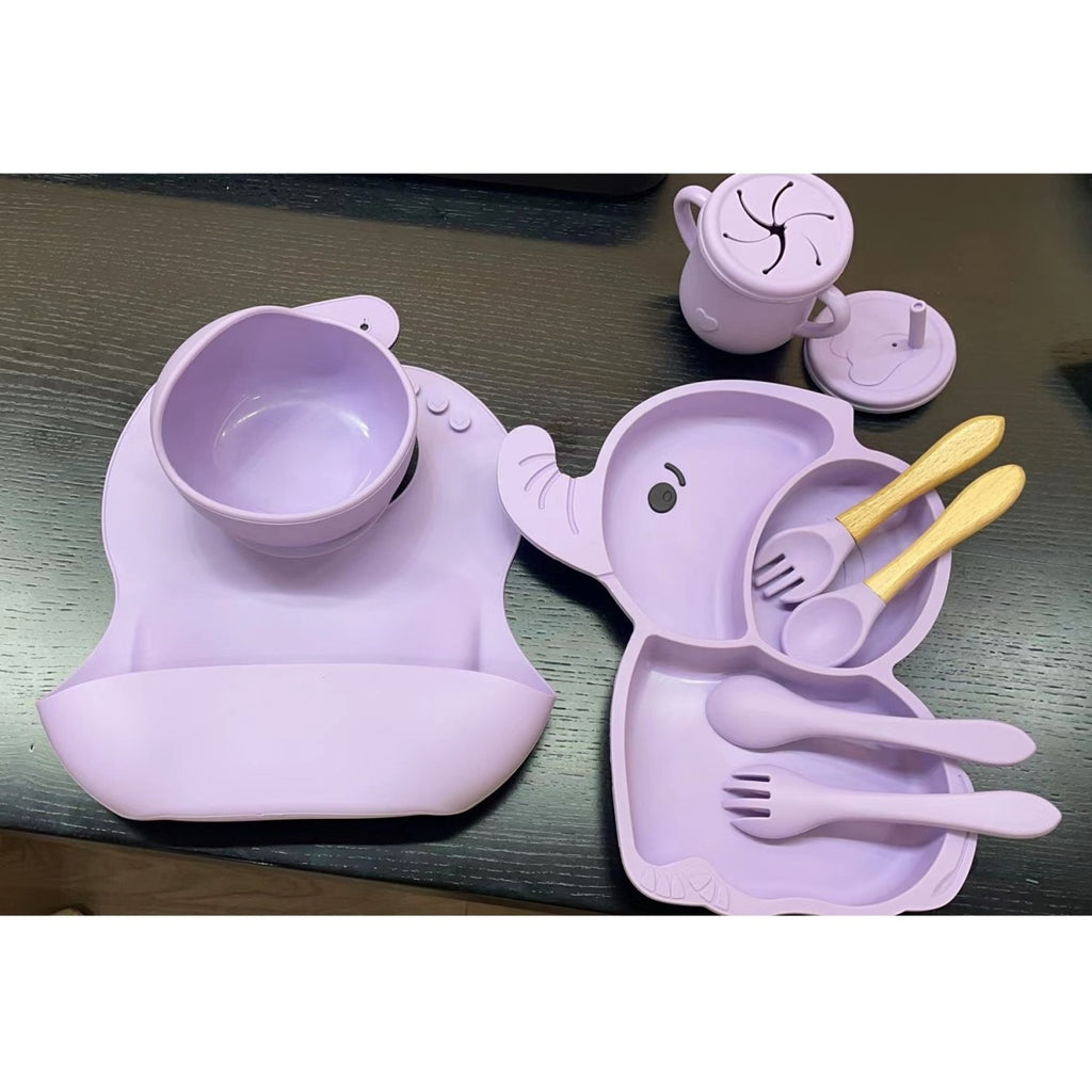 Set 10 Piese Servire Masa. pentru Bebelusi si Copii, din Silicon/Lemn, cu Ventuze Anti-alunecare, fara Alergeni. +6 Luni, Model Elefant, Mov