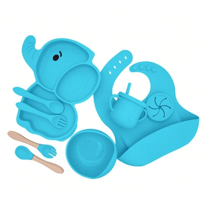 Set 10 Piese Servire Masa. pentru Bebelusi si Copii, din Silicon/Lemn, cu Ventuze Anti-alunecare, fara Alergeni. +6 Luni, Model Elefant