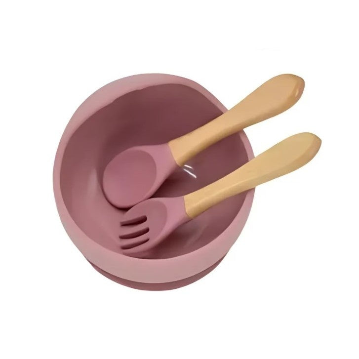 Set 10 Piese Servire Masa. pentru Bebelusi si Copii, din Silicon/Lemn, cu Ventuze Anti-alunecare, fara Alergeni. +6 Luni, Model Elefant, Maro