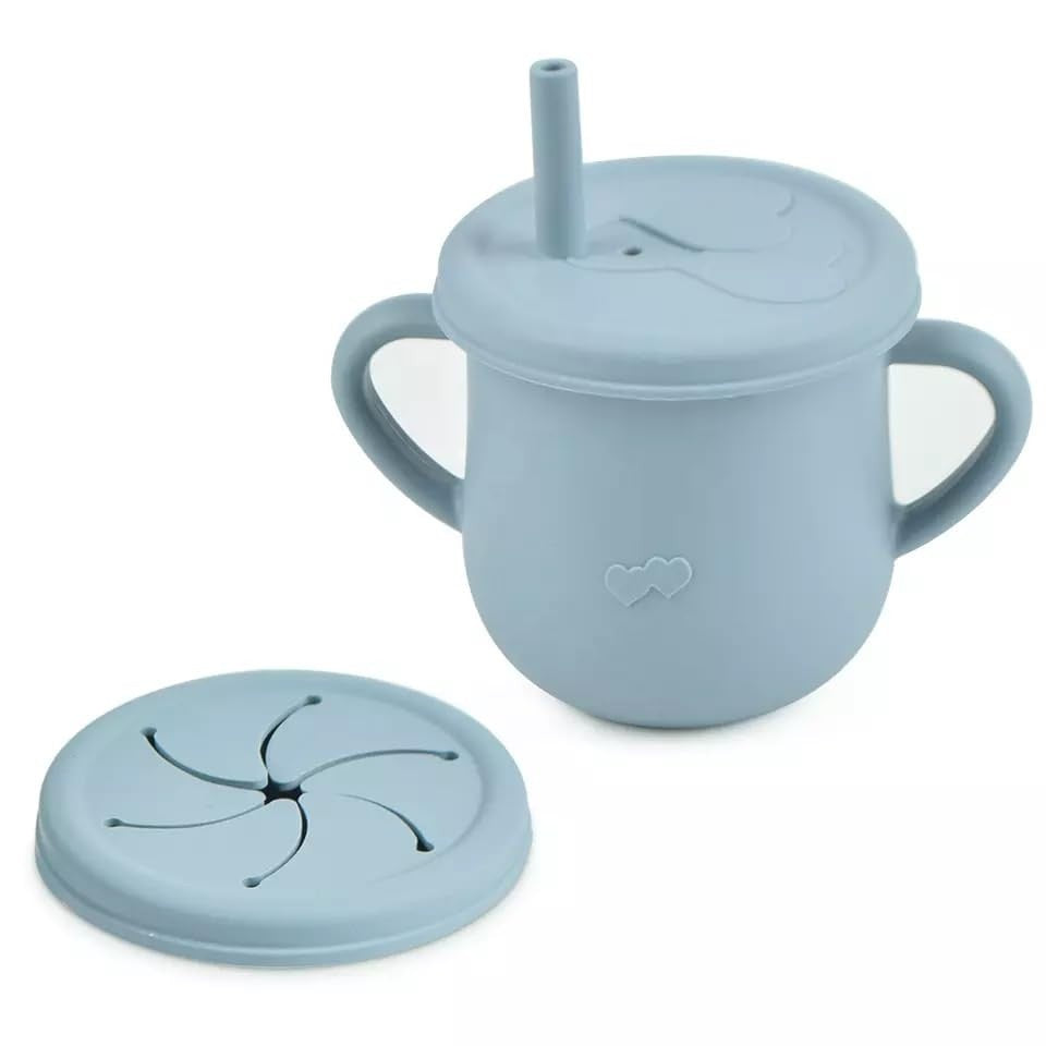 Set 10 Piese Servire Masa. pentru Bebelusi si Copii, din Silicon/Lemn, cu Ventuze Anti-alunecare, fara Alergeni. +6 Luni, Model Elefant, Albastru Deschis
