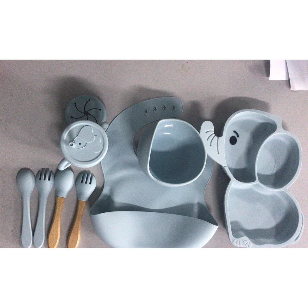 Set 10 Piese Servire Masa. pentru Bebelusi si Copii, din Silicon/Lemn, cu Ventuze Anti-alunecare, fara Alergeni. +6 Luni, Model Elefant, Albastru Deschis