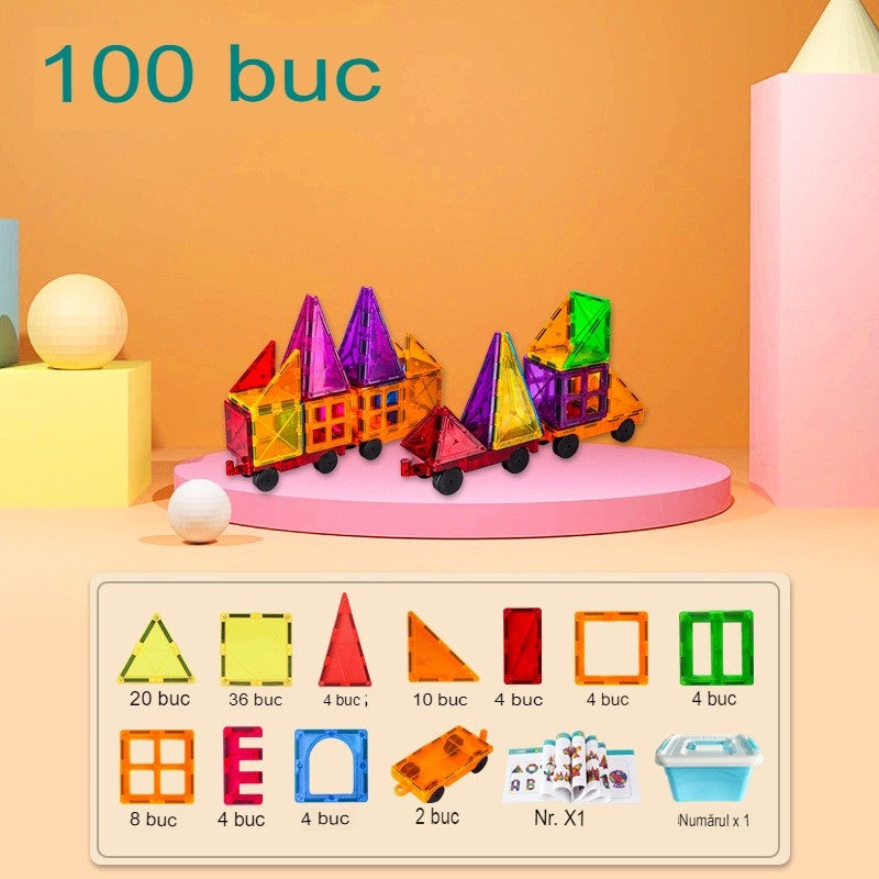 Set 100 de Piese Magnetice de Constructie Flippy Magnetic Tiles Piese Mari Forme Geometrice 3 Ani ABS Magnet 20.5 x 14.5 x 12 cm