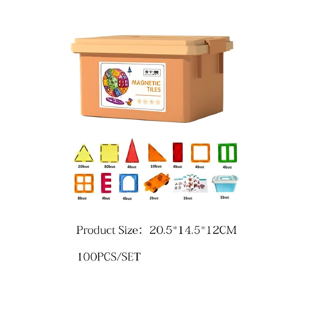 Set 100 de Piese Magnetice de Constructie Flippy Magnetic Tiles Piese Mari Forme Geometrice 3 Ani ABS Magnet 20.5 x 14.5 x 12 cm