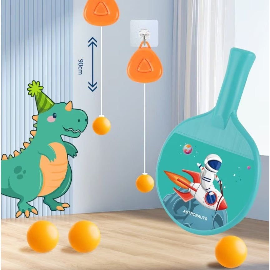 Set 2 Palete de Tenis de Masa, pentru Copii, Design Animat, Tematica Astronauti, Accesoriu de Agatat Inclus si 4 Mingi, Albastru