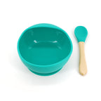Set 2 piese diversificare bebelusi si copii din silicon bol cu ventuza, lingurita din lemn si silicon, pentru gustari, fara alergeni, verde
