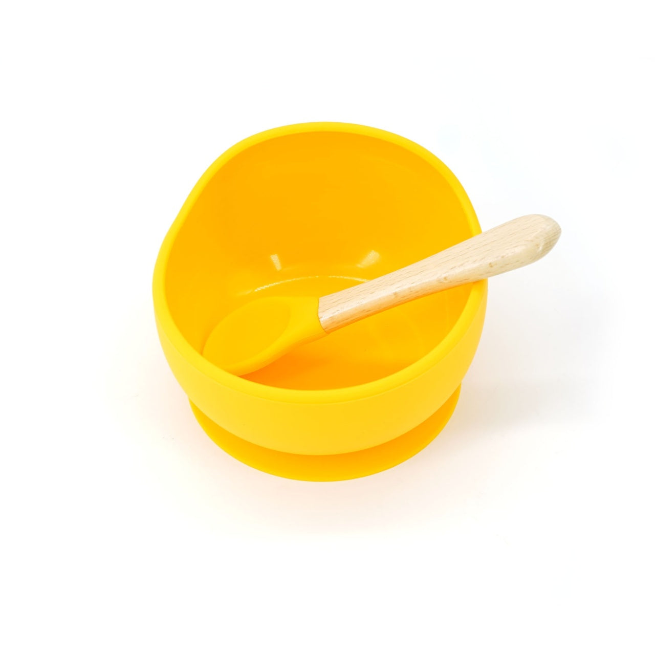 Set 2 piese diversificare bebelusi si copii din silicon, bol cu ventuza, lingurita din lemn si silicon, fara alergeni,galben