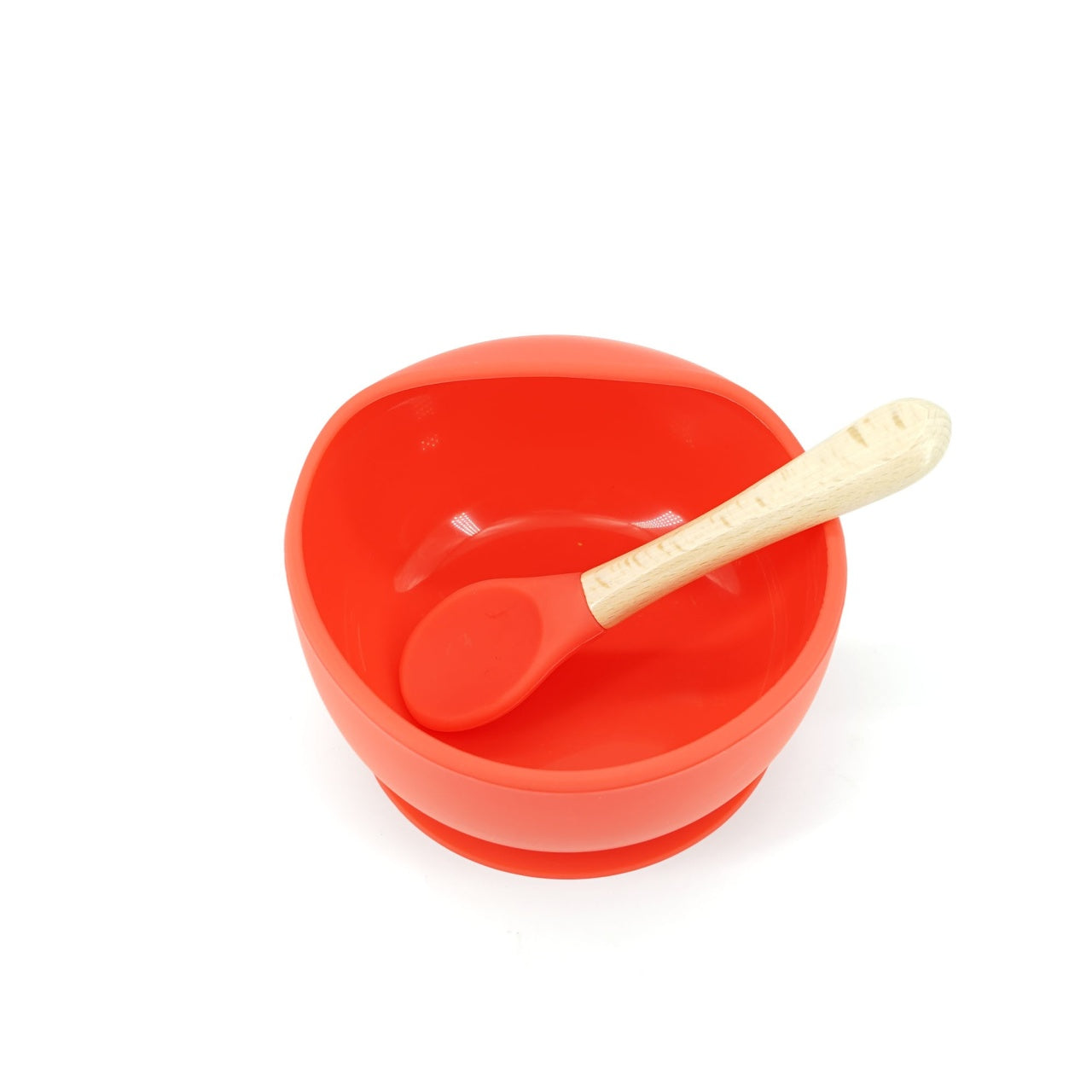 Set 2 piese diversificare bebelusi si copii din silicon bol cu ventuza, lingurita din lemn si silicon, pentru gustari, fara alergeni, rosu