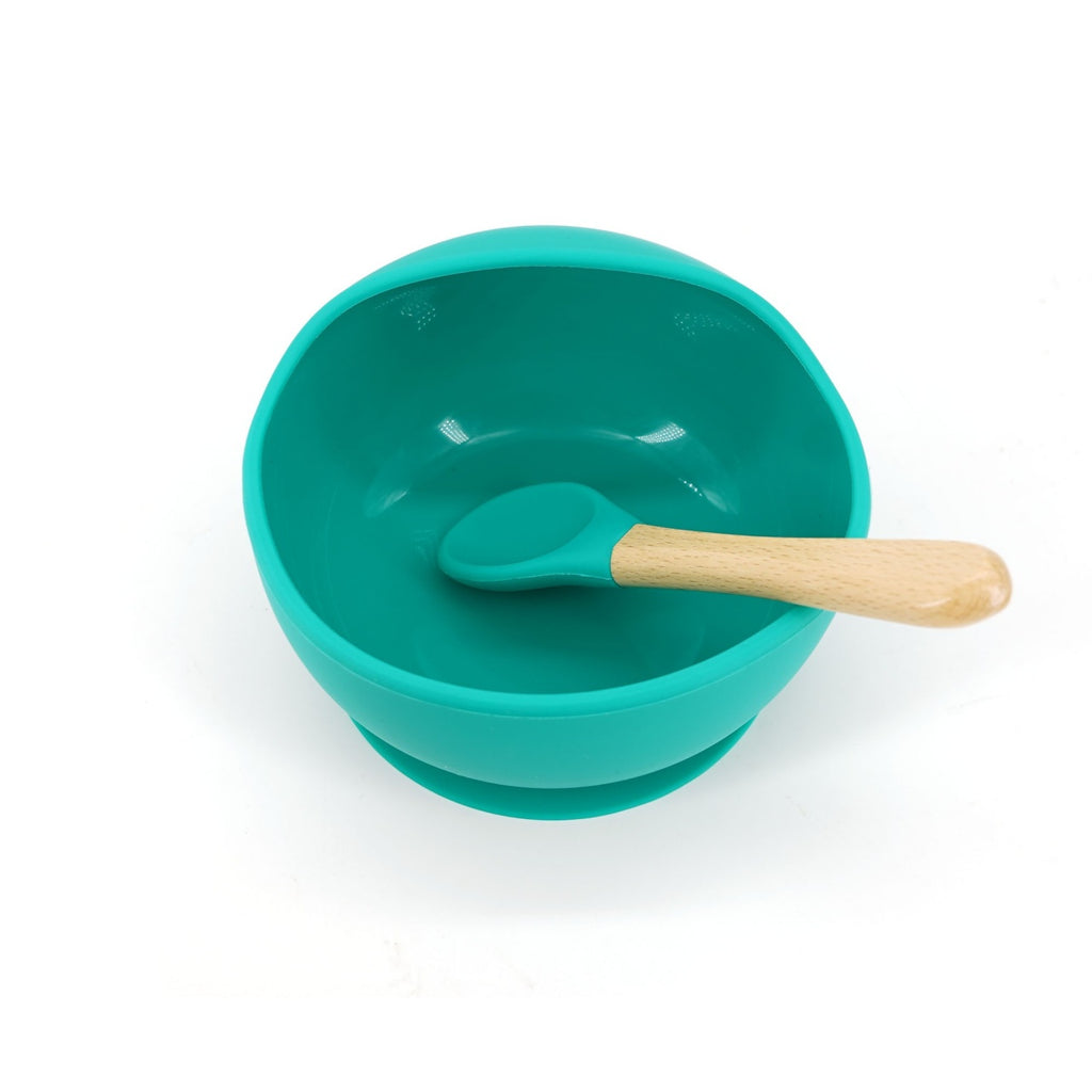 Set 2 piese diversificare bebelusi si copii din silicon bol cu ventuza, lingurita din lemn si silicon, pentru gustari, fara alergeni, verde