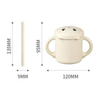 Set 2 Piese Hranire Bebelusi si Copii, Cana cu Capac si Pai, din Silicon, fara BPA, de la 12 Luni, Model Pisicuta, 12 x 9.5 x 11 cm, Bej
