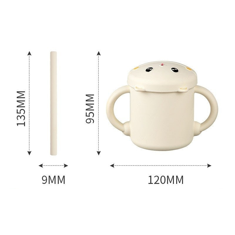 Set 2 Piese Hranire Bebelusi si Copii, Cana cu Capac si Pai, din Silicon, fara BPA, de la 12 Luni, Model Pisicuta, 12 x 9.5 x 11 cm, Bej