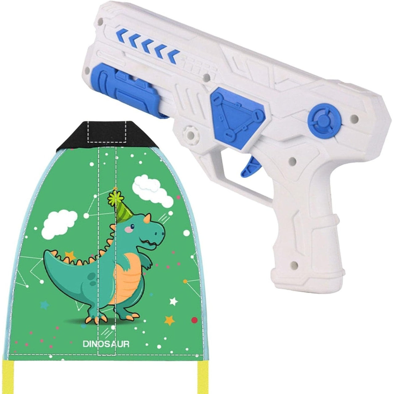 Set 2 Piese Jucarie Interactiva, Pistol de Catapultare + Zmeu, din Plastic si Panza, +8 Ani, Impermeabil, Model Dinozaur Verde, Multicolor