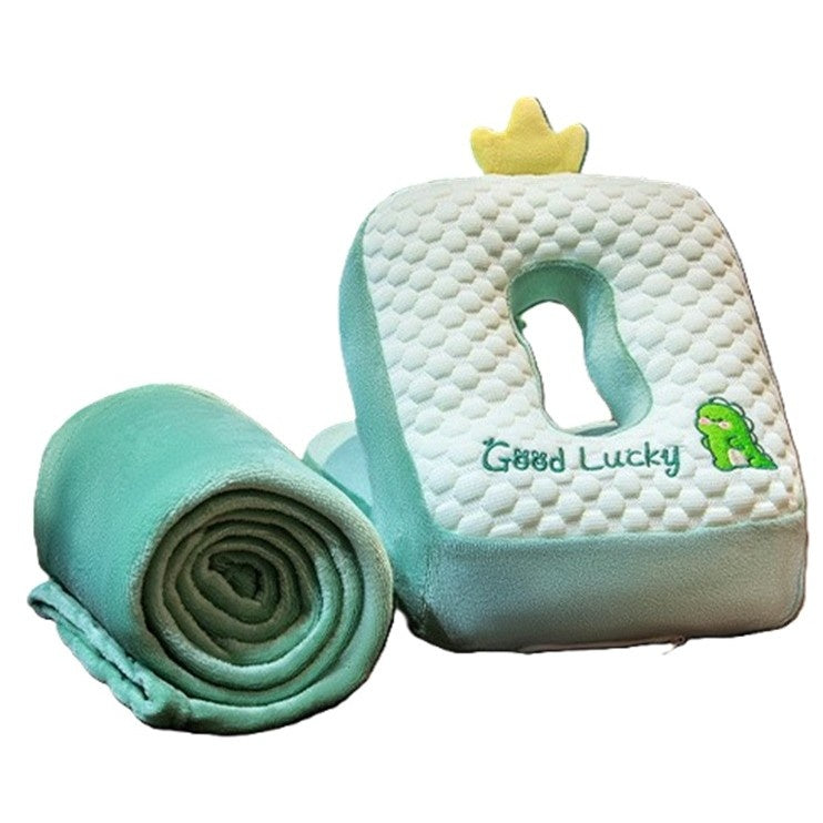 Set 2in1 Patura Microfibra si Perna din Spuma, pentru Birou, Calatorii, Pauze, Model Dinozaur, Microfibra, 1x1.7 m, 30x35x30 cm, Verde