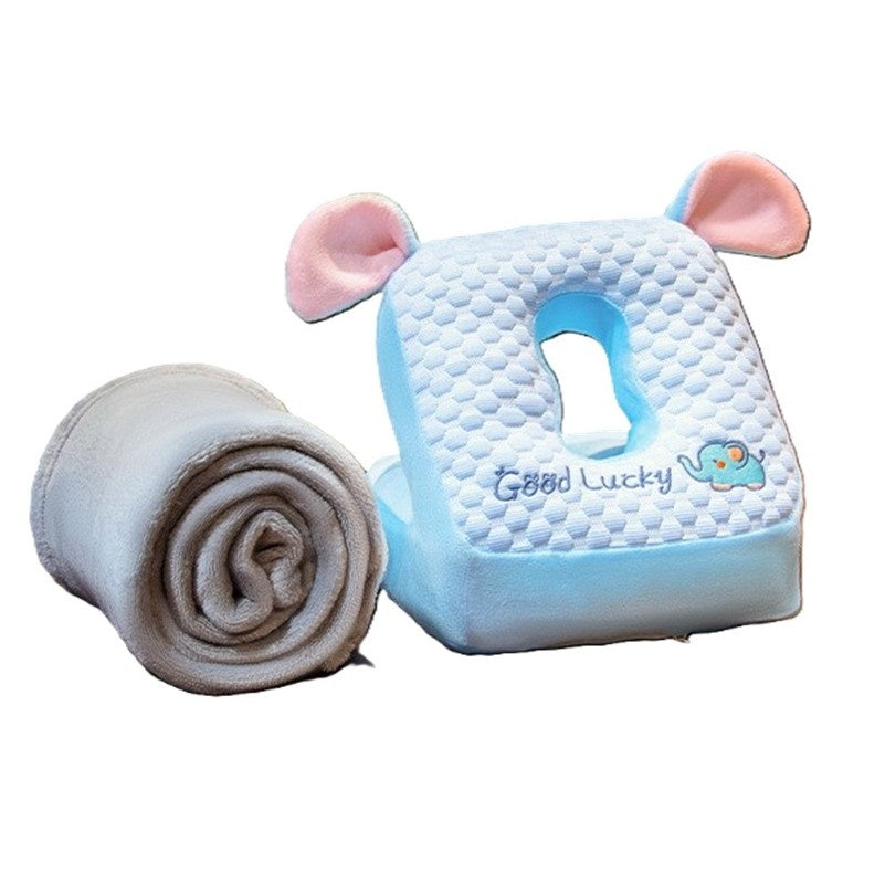 Set 2in1 Patura Microfibra si Perna din Spuma, pentru Birou, Calatorii, Pauze, Model Elefant, Microfibra, 1x1.7 m, 30x35x30 cm, Albastru