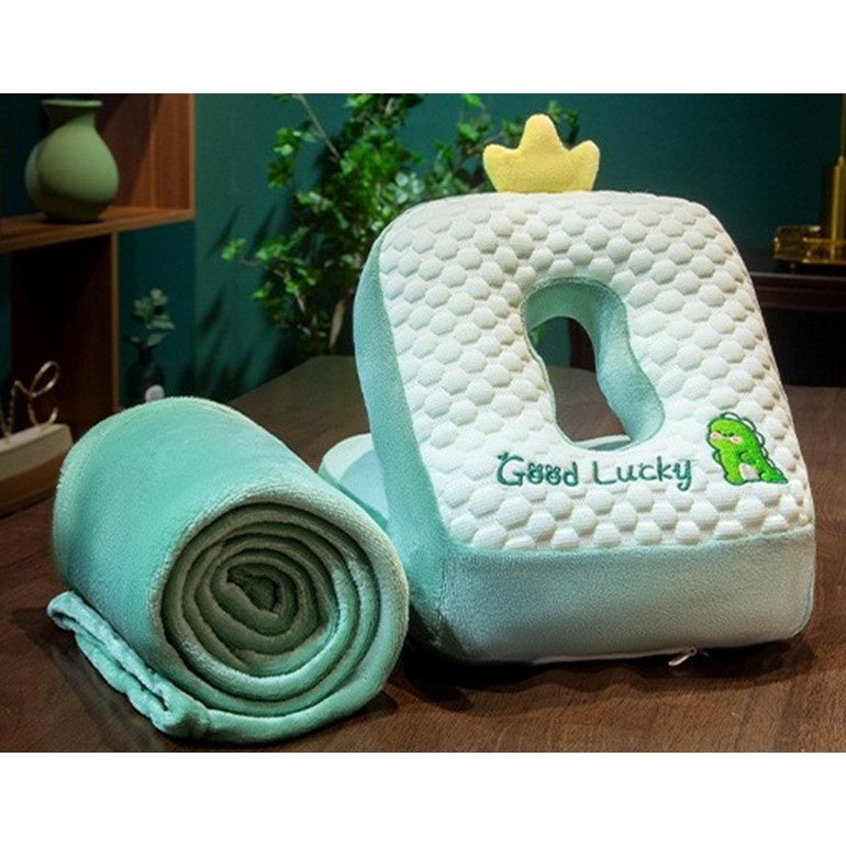 Set 2in1 Patura Microfibra si Perna din Spuma, pentru Birou, Calatorii, Pauze, Model Dinozaur, Microfibra, 1x1.7 m, 30x35x30 cm, Verde