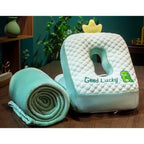 Set 2in1 Patura Microfibra si Perna din Spuma, pentru Birou, Calatorii, Pauze, Model Dinozaur, Microfibra, 1x1.7 m, 30x35x30 cm, Verde