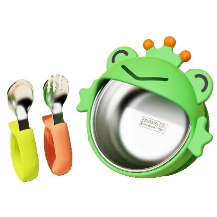 Set 3 Piese Diversificare Bebelusi si Copii, Bol, Lingura si Furculita, Model Broscuta, din Silicon si Otel Inoxidabil, Verde