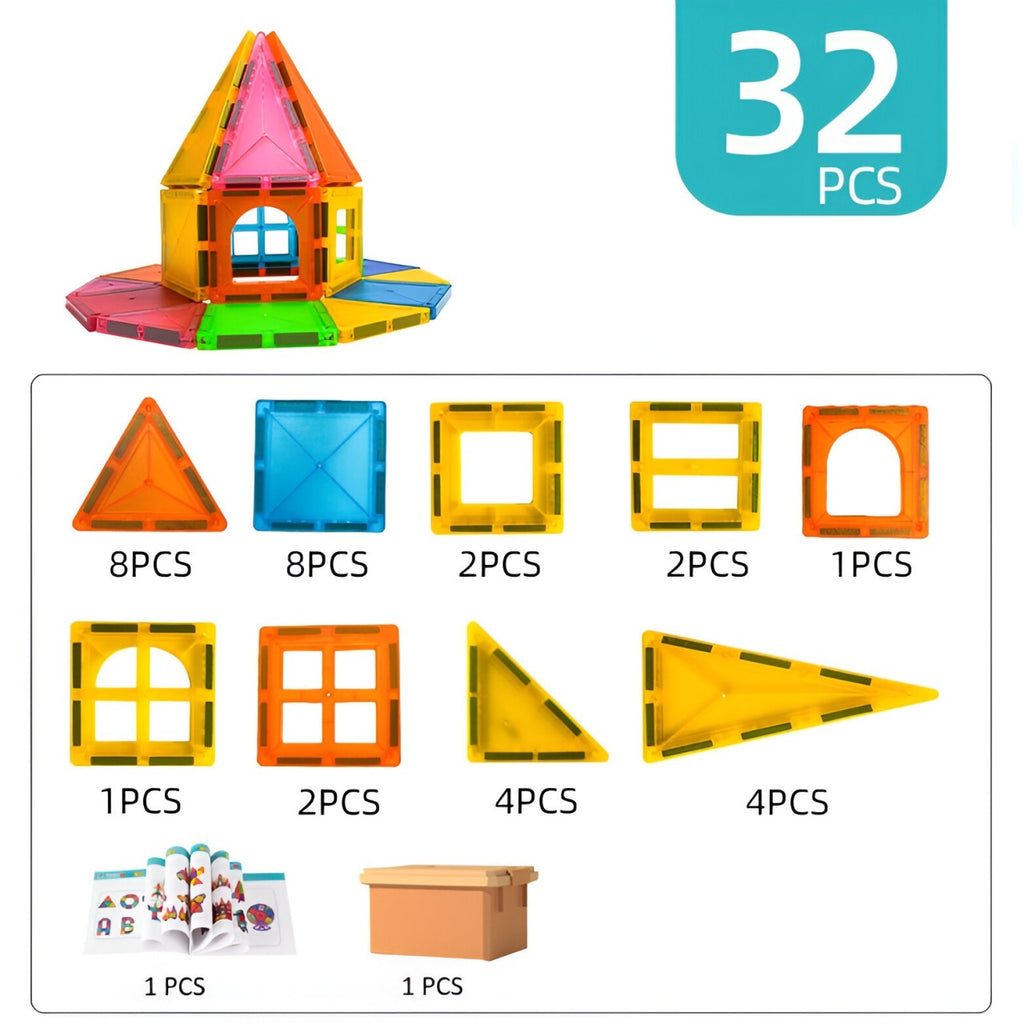 Set 32 Piese Magnetice de Constructie, Piese 5.5 cm, Magnetic Tiles, Forme Geometrice, 3 Ani, Multicolor