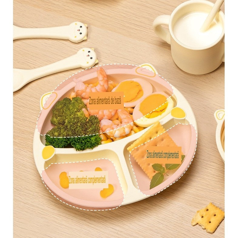 Set 4 Piese Hranire Bebelusi si Copii, din Silicon, fara BPA, de la 12 Luni, Model Pisicuta, 28 x 26 x 2 cm, Bej