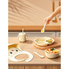 Set 4 Piese Hranire Bebelusi si Copii, din Silicon, fara BPA, de la 12 Luni, Model Pisicuta, 28 x 26 x 2 cm, Bej