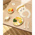 Set 4 Piese Hranire Bebelusi si Copii, din Silicon, fara BPA, de la 12 Luni, Model Pisicuta, 28 x 26 x 2 cm, Bej