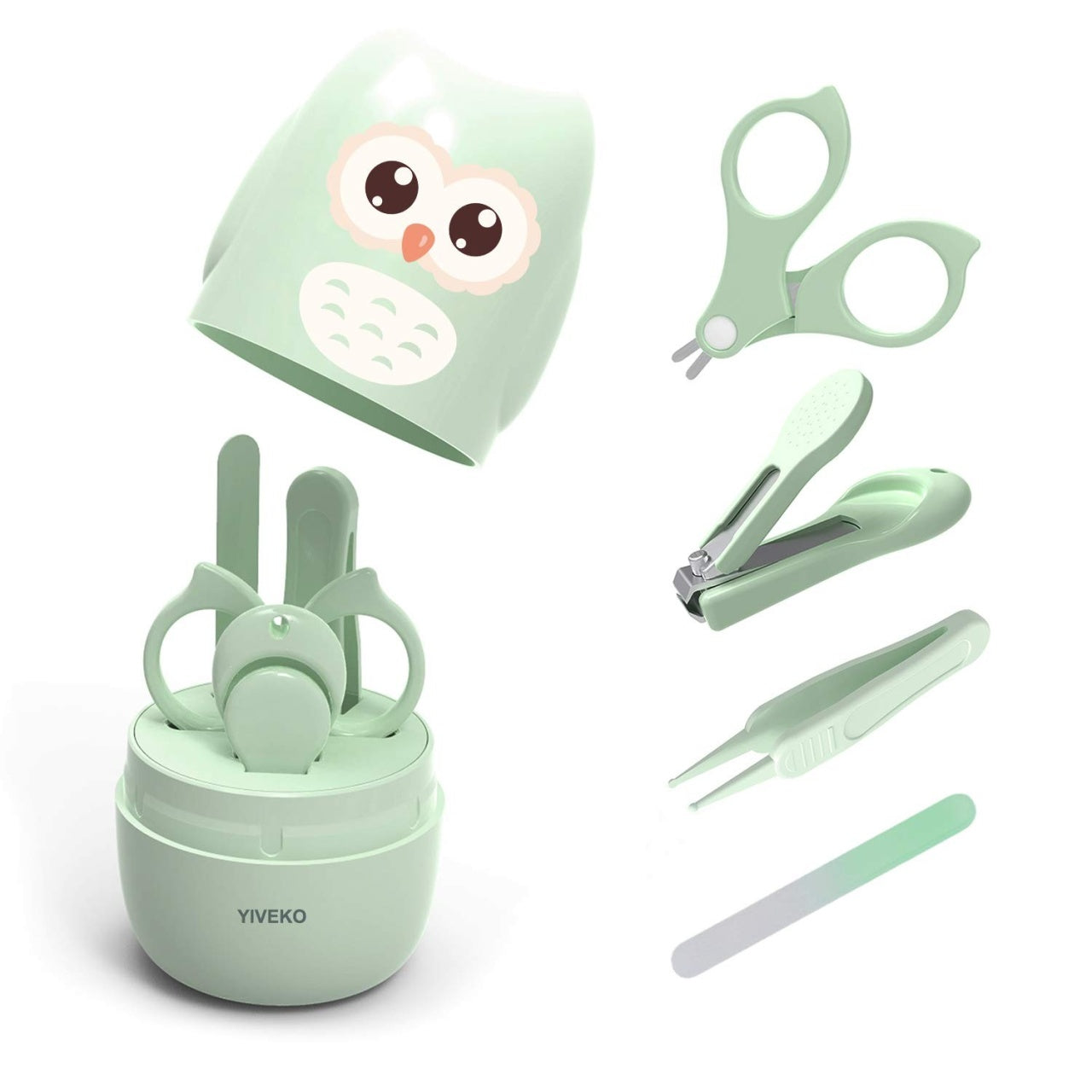 Set 4 Piese Ingrijire Unghii Bebelusi, Cutie de Depozitare, Tip Bufnita, de la 0 Luni, Verde