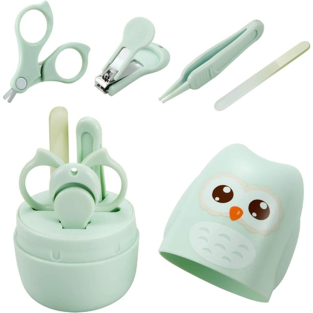 Set 4 Piese Ingrijire Unghii Bebelusi, Cutie de Depozitare, Tip Bufnita, de la 0 Luni, Verde