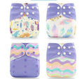 Set 4 scutece ecologice Happy Flute cu imprimeu curcubeu + 12 insertii/absorbante din microfibra 3-15kg