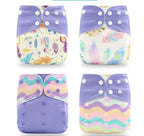 Set 4 scutece ecologice Happy Flute cu imprimeu curcubeu + 12 insertii/absorbante din microfibra 3-15kg