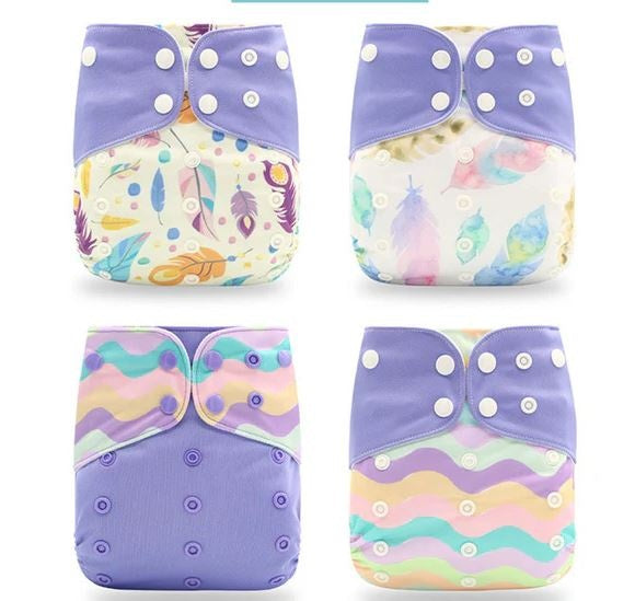 Set 4 scutece ecologice Happy Flute cu imprimeu curcubeu + 12 insertii/absorbante din microfibra 3-15kg