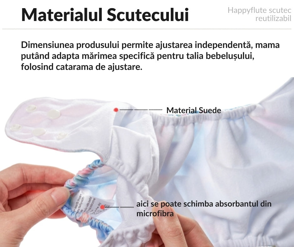 Set 4 scutece ecologice Happy Flute cu imprimeu curcubeu + 12 insertii/absorbante din microfibra 3-15kg