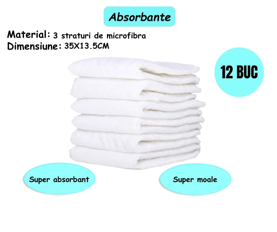 Set 4 scutece ecologice Happy Flute cu imprimeu curcubeu + 12 insertii/absorbante din microfibra 3-15kg