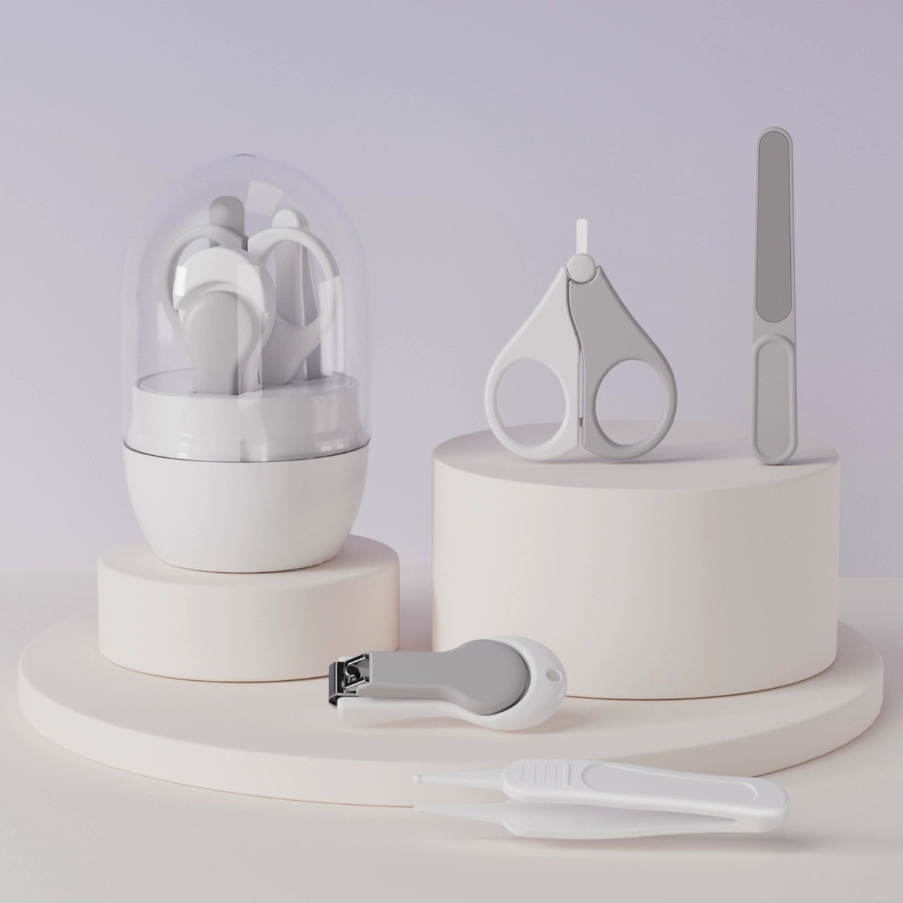 Set 4in1 de Ingrijire Unghii pentru Bebelusi, Cutie de Depozitare Tip Borcan, 0-6 Ani, 10 x 7 x 6 cm, Alb/Gri