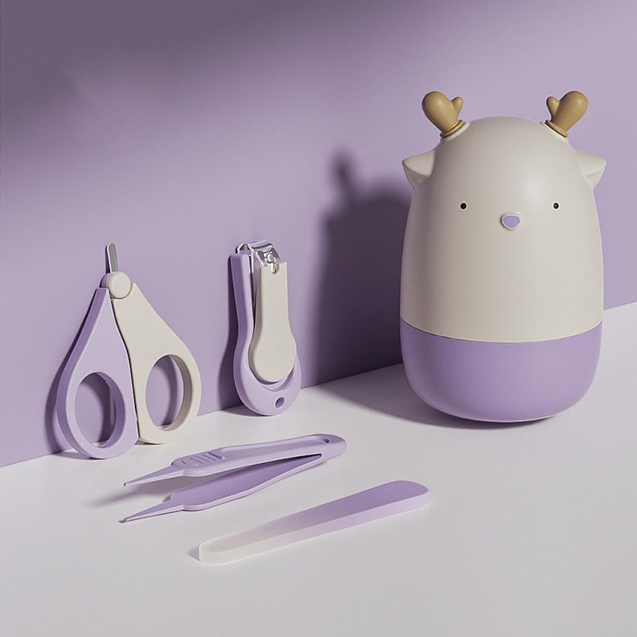 Set 4in1 de Ingrijire Unghii pentru Bebelusi, Cutie de Depozitare Tip Cerb, 0-6 Ani, 11 x 6 x 11 cm, Mov