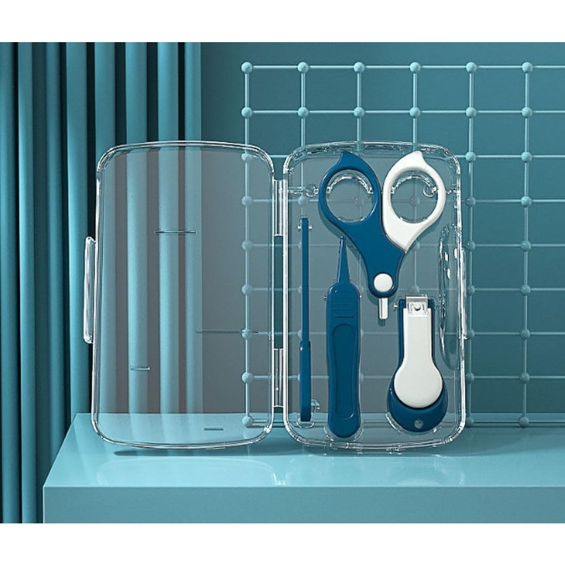 Set 4in1 de Ingrijire Unghii pentru Bebelusi, Cutie de Depozitare Transparenta, 0-6 Ani, 13.6x8x2 cm, Albastru Marin