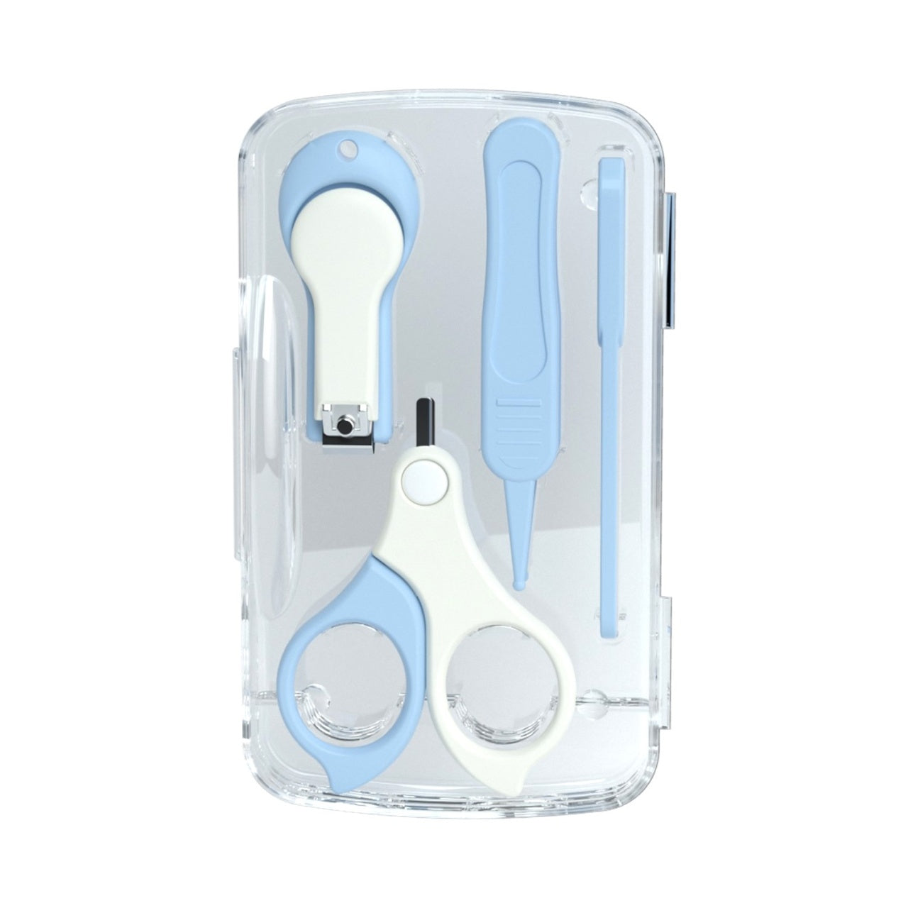 Set 4in1 de Ingrijire Unghii pentru Bebelusi, Cutie de Depozitare Transparenta, 0-6 Ani, 13.6x8x2 cm, Albastru Deschis