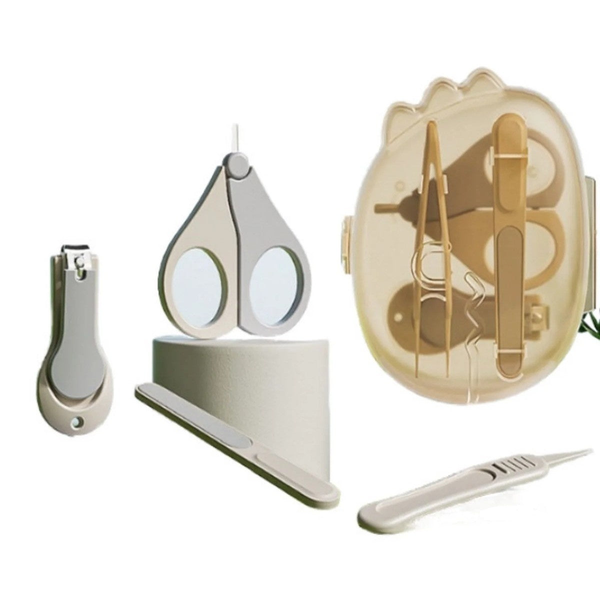 Set 4in1 de Ingrijire Unghii pentru Bebelusi, Cutie de Depozitare Dinozaur Transparent, 0-6 Ani, 11.5 x 9 x 3 cm, Bej