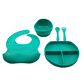 Set 5 piese diversificare bebelusi si copii din silicon baveta, farfurie compartimentata cu ventuza, bol cu ventuza, tacamuri, fara alergeni, verde