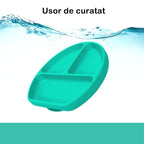 Set 5 piese diversificare bebelusi si copii din silicon baveta, farfurie compartimentata cu ventuza, bol cu ventuza, tacamuri, fara alergeni, verde