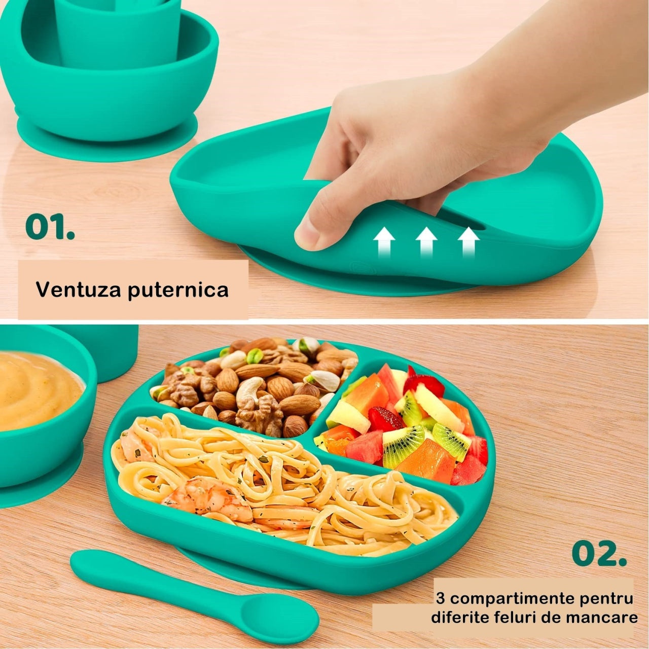 Set 5 piese diversificare bebelusi si copii din silicon baveta, farfurie compartimentata cu ventuza, bol cu ventuza, tacamuri, fara alergeni, verde