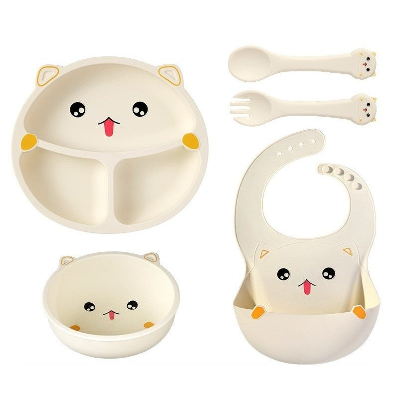 Set 5 Piese Hranire Bebelusi si Copii, din Silicon, fara BPA, de la 12 Luni, Model Pisicuta, 28 x 26 x 2 cm, Bej