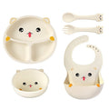 Set 5 Piese Hranire Bebelusi si Copii, din Silicon, fara BPA, de la 12 Luni, Model Pisicuta, 28 x 26 x 2 cm, Bej
