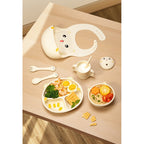Set 5 Piese Hranire Bebelusi si Copii, din Silicon, fara BPA, de la 12 Luni, Model Pisicuta, 28 x 26 x 2 cm, Bej