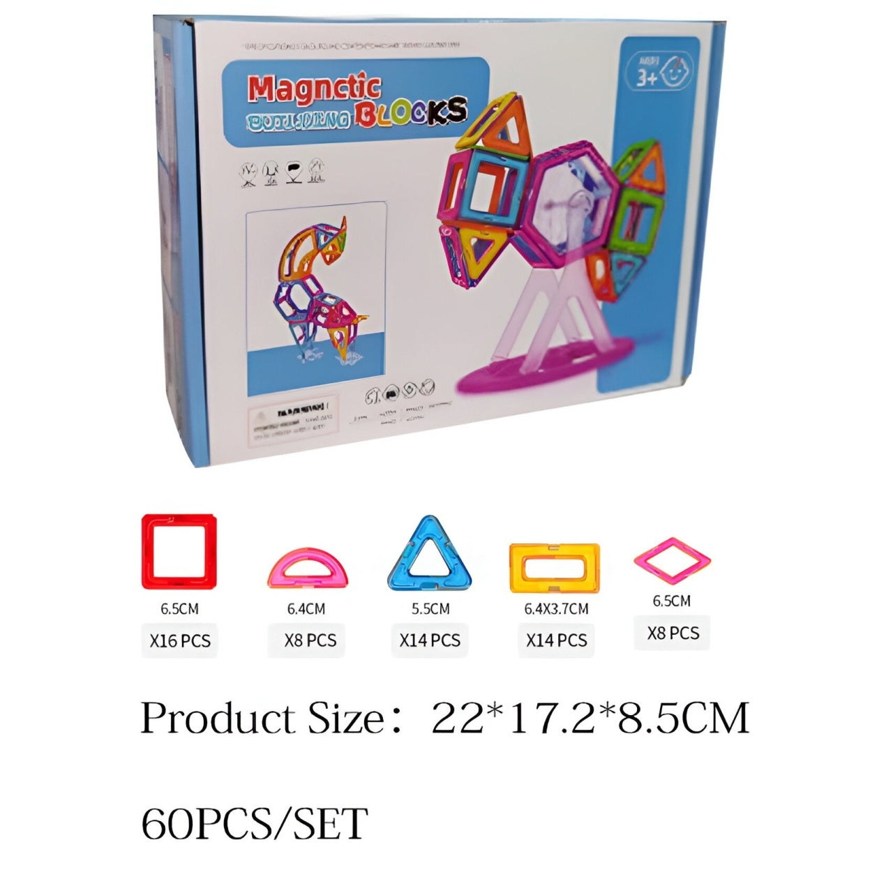 Set 60 Piese Magnetice de Constructie, Piese Mari, Magnetic Blocks, Forme Geometrice, 3 Ani, Multicolor