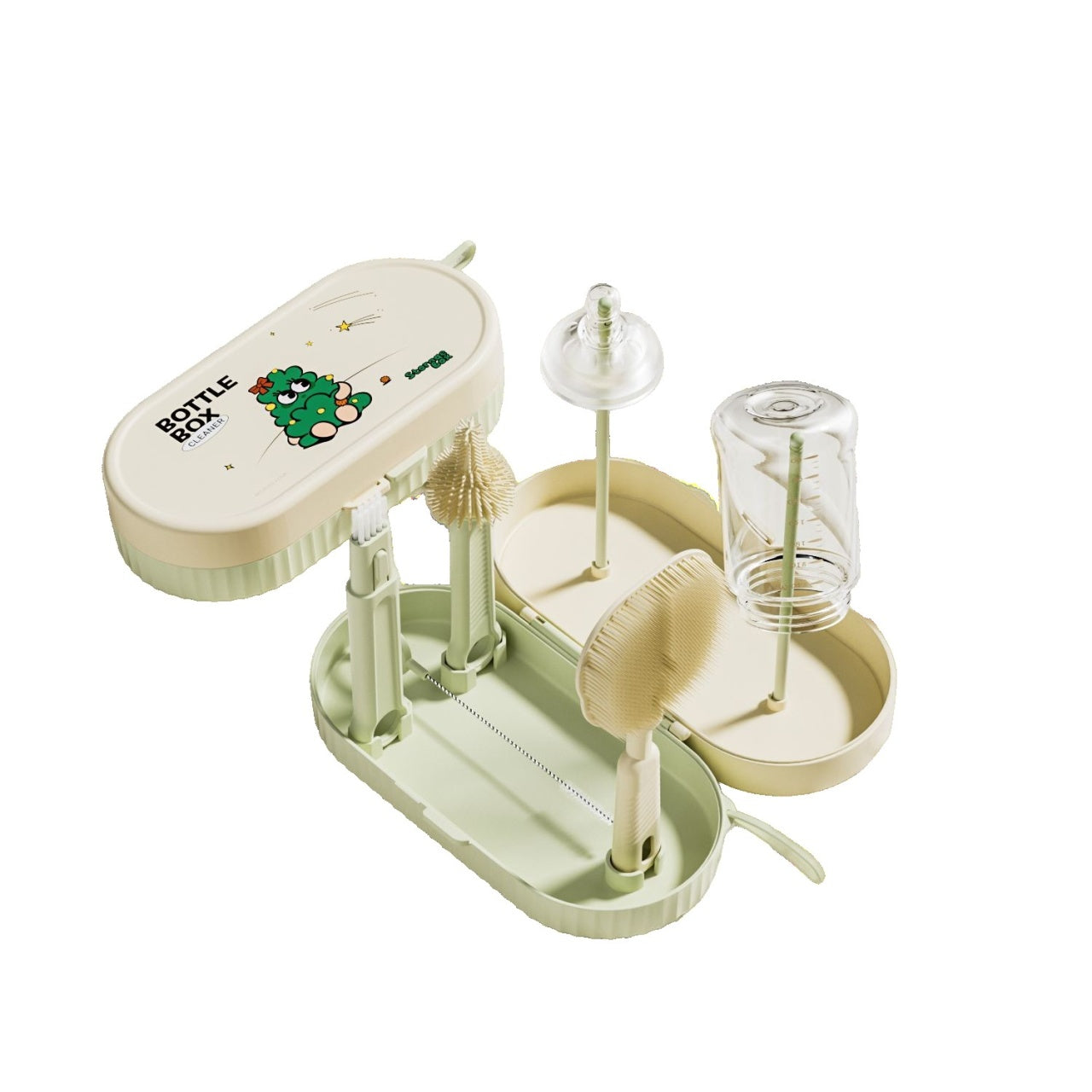 Set 7 Piese de Spalat/Uscat Biberoane, Portabil, Peri de Silicon, pentru Tetine, Suzete, Biberoane, Paie, Cutie Inclusa, 20 x 9.5 cm, Verde