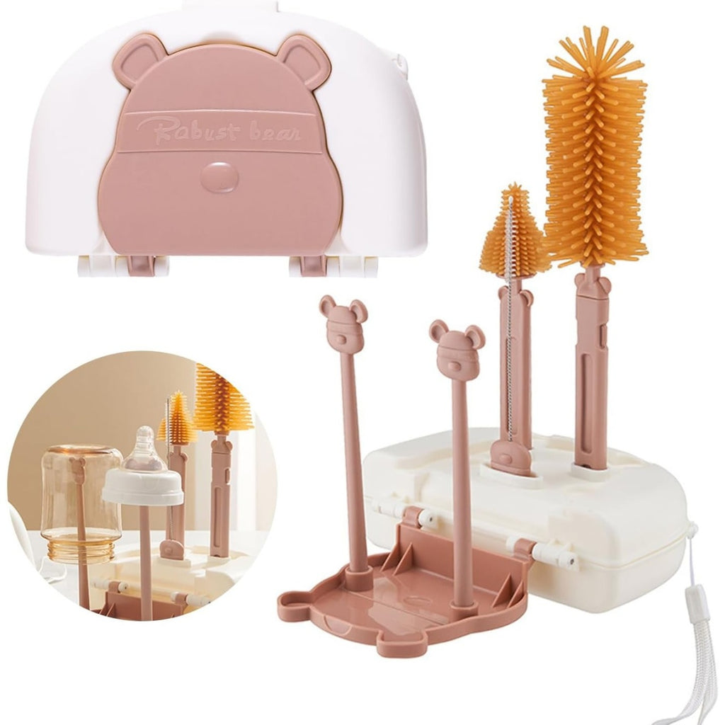 Set 7 Piese de Spalat/Uscat Biberoane, Portabil, Peri de Silicon, pentru Tetine, Suzete, Biberoane, Paie, Cutie Inclusa, 16 x 11 x 5 cm, Model Ursulet, Maro