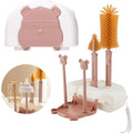 Set 7 Piese de Spalat/Uscat Biberoane, Portabil, Peri de Silicon, pentru Tetine, Suzete, Biberoane, Paie, Cutie Inclusa, 16 x 11 x 5 cm, Model Ursulet, Maro