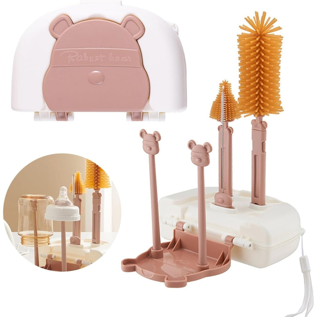 Set 7 Piese de Spalat/Uscat Biberoane, Portabil, Peri de Silicon, pentru Tetine, Suzete, Biberoane, Paie, Cutie Inclusa, 16 x 11 x 5 cm, Model Ursulet, Maro